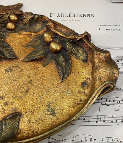 Rare Large Antique French Art Nouveau Bronze Tray Birds Cherries Leaves c1900