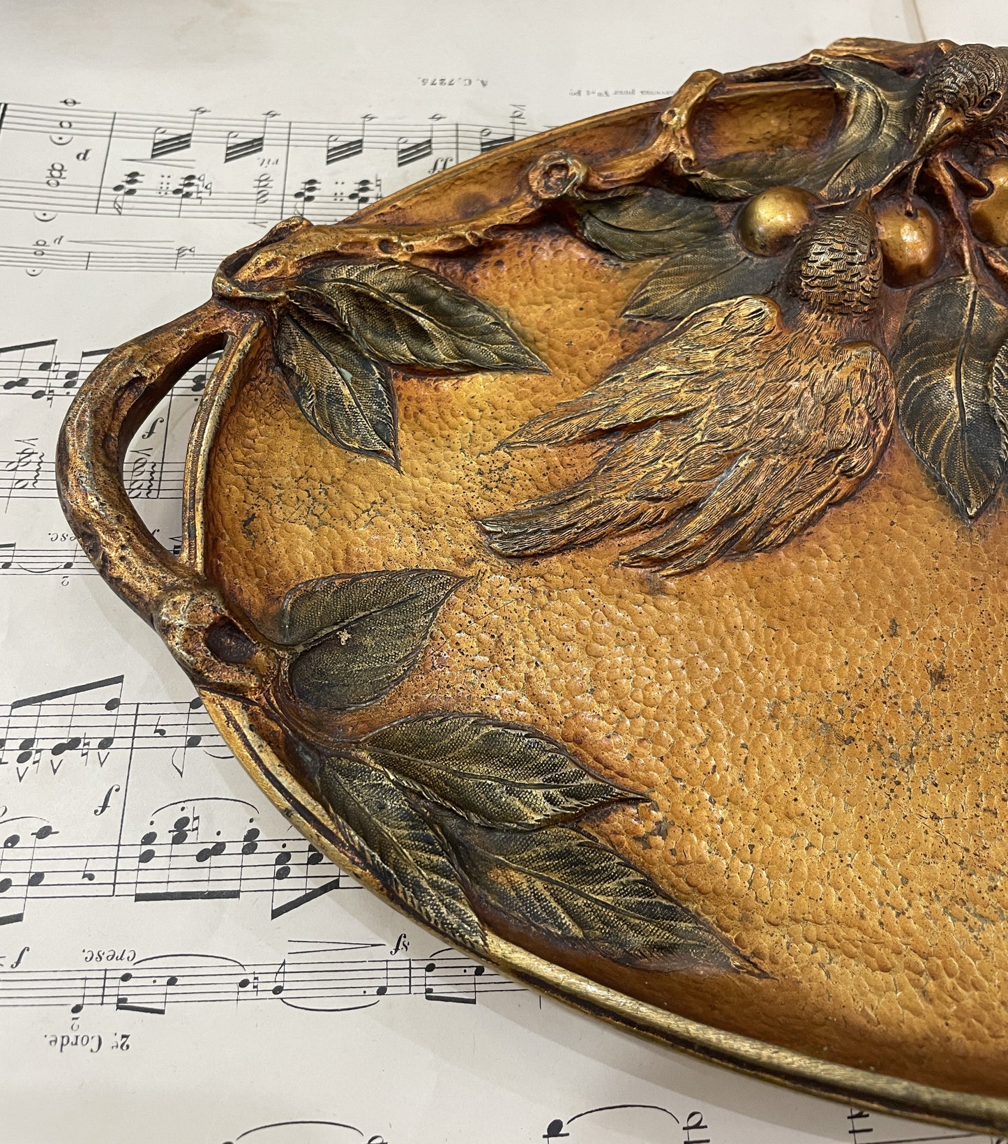Rare Large Antique French Art Nouveau Bronze Tray Birds Cherries Leaves c1900