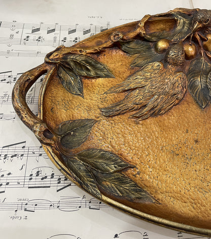 Rare Large Antique French Art Nouveau Bronze Tray Birds Cherries Leaves c1900