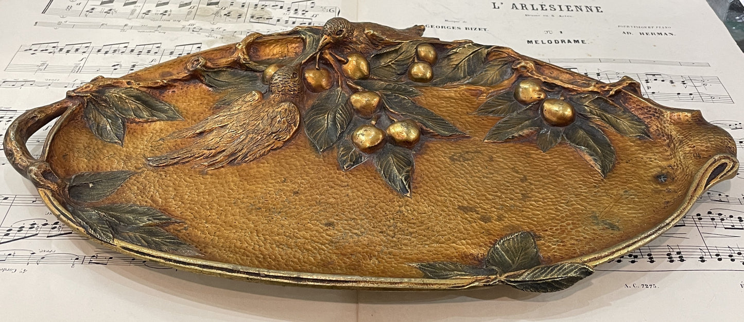 Rare Large Antique French Art Nouveau Bronze Tray Birds Cherries Leaves c1900