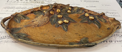Rare Large Antique French Art Nouveau Bronze Tray Birds Cherries Leaves c1900