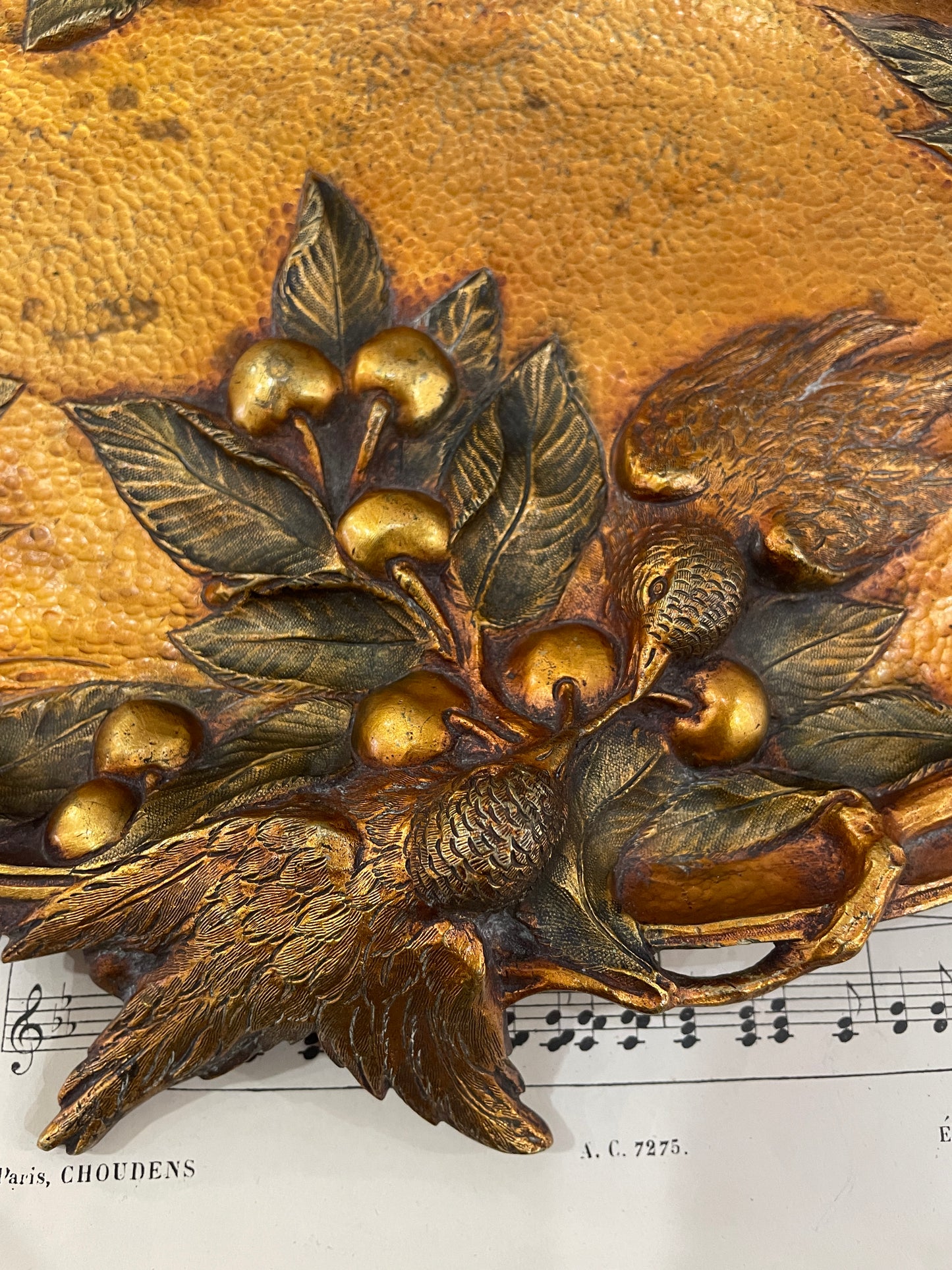 Rare Large Antique French Art Nouveau Bronze Tray Birds Cherries Leaves c1900