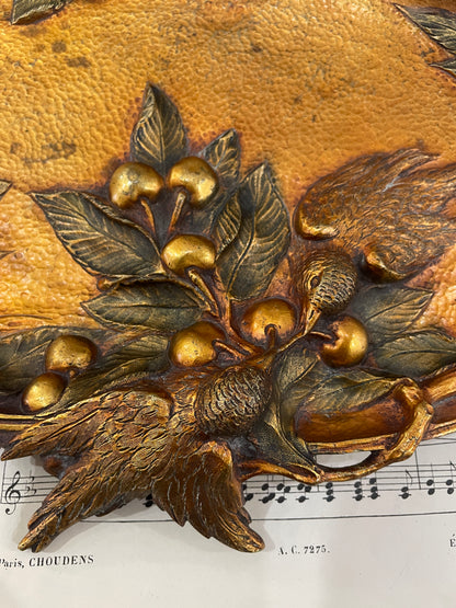 Rare Large Antique French Art Nouveau Bronze Tray Birds Cherries Leaves c1900