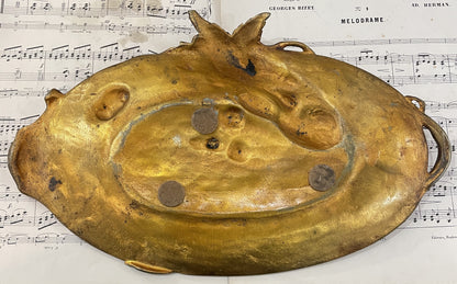 Rare Large Antique French Art Nouveau Bronze Tray Birds Cherries Leaves c1900