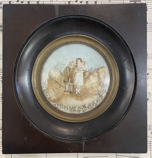 Rare Antique French Mourning Hair Art Domed Glass Wooden Frame People c1880