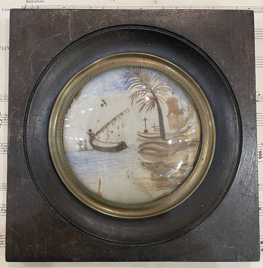 Rare Antique French Mourning Hair Art Domed Glass Wooden Frame Boat c1880