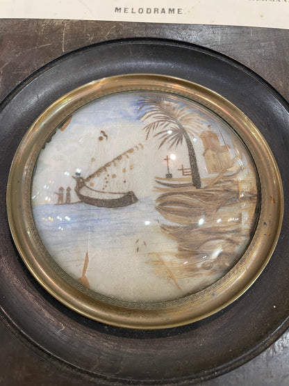 Rare Antique French Mourning Hair Art Domed Glass Wooden Frame Boat c1880
