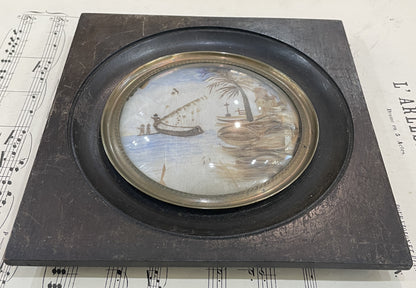 Rare Antique French Mourning Hair Art Domed Glass Wooden Frame Boat c1880