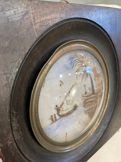 Rare Antique French Mourning Hair Art Domed Glass Wooden Frame Boat c1880