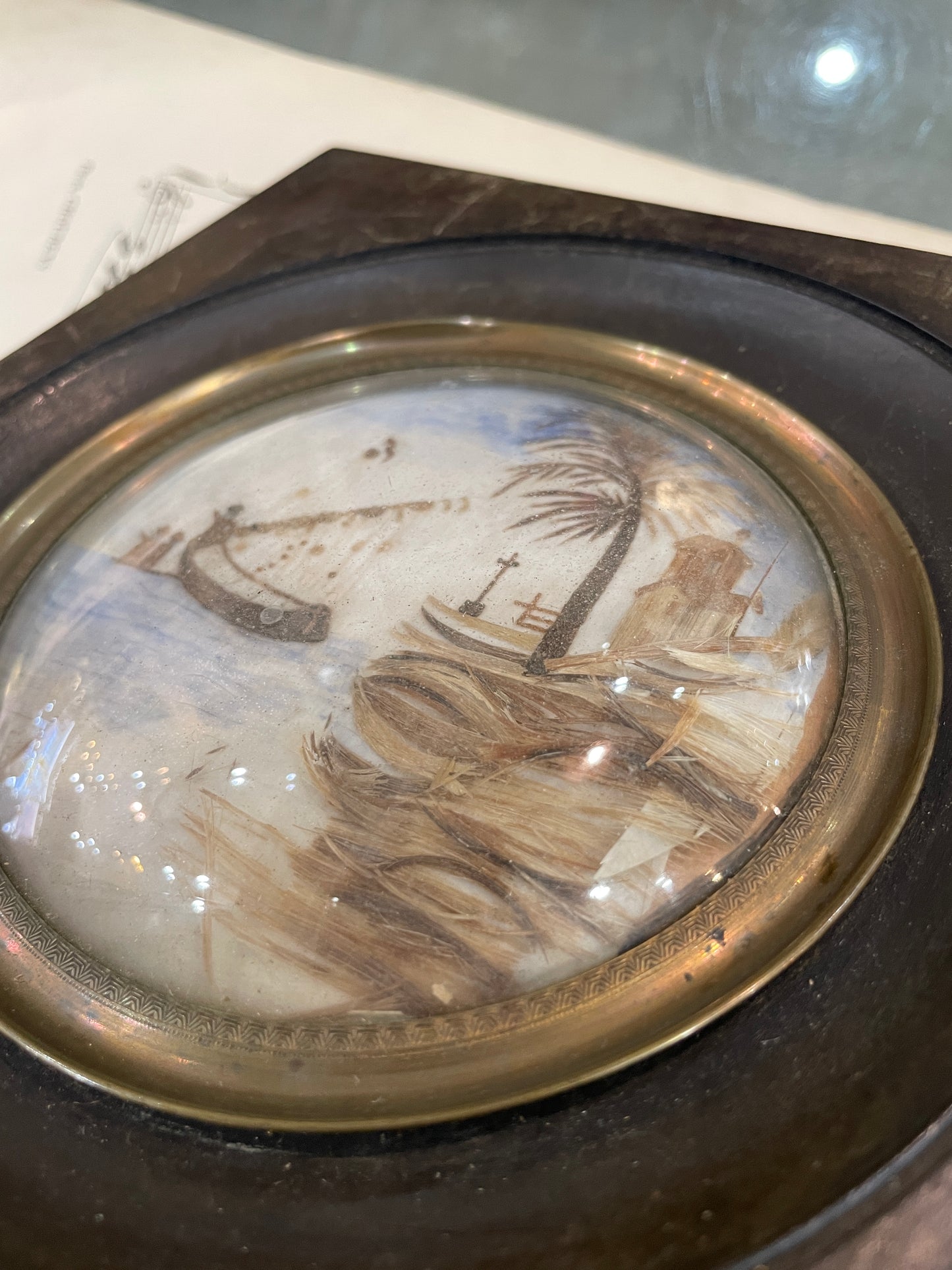 Rare Antique French Mourning Hair Art Domed Glass Wooden Frame Boat c1880