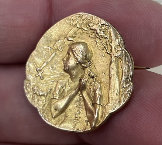 Rare Antique French Joan of Arc at the Stake Gold-filled Brooch by Mattei c1910