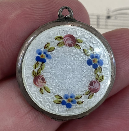 Rare Antique French Guilloche Enamel Locket Flowers c1920