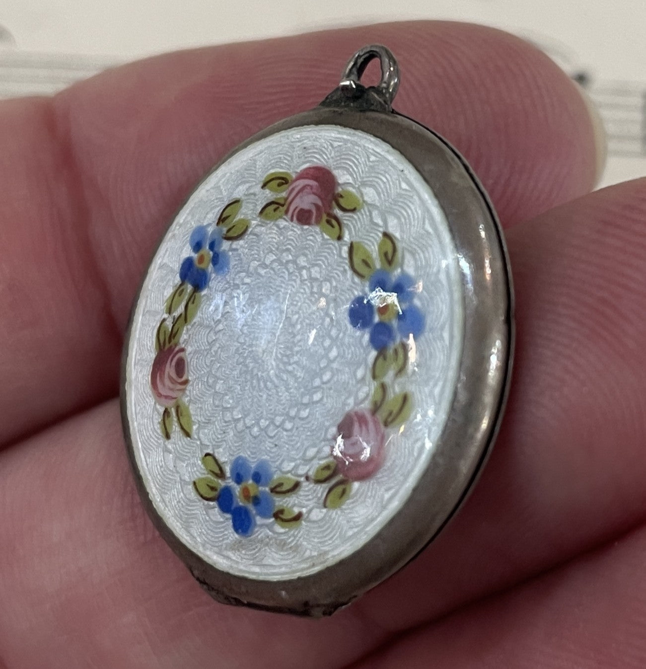 Rare Antique French Guilloche Enamel Locket Flowers c1920