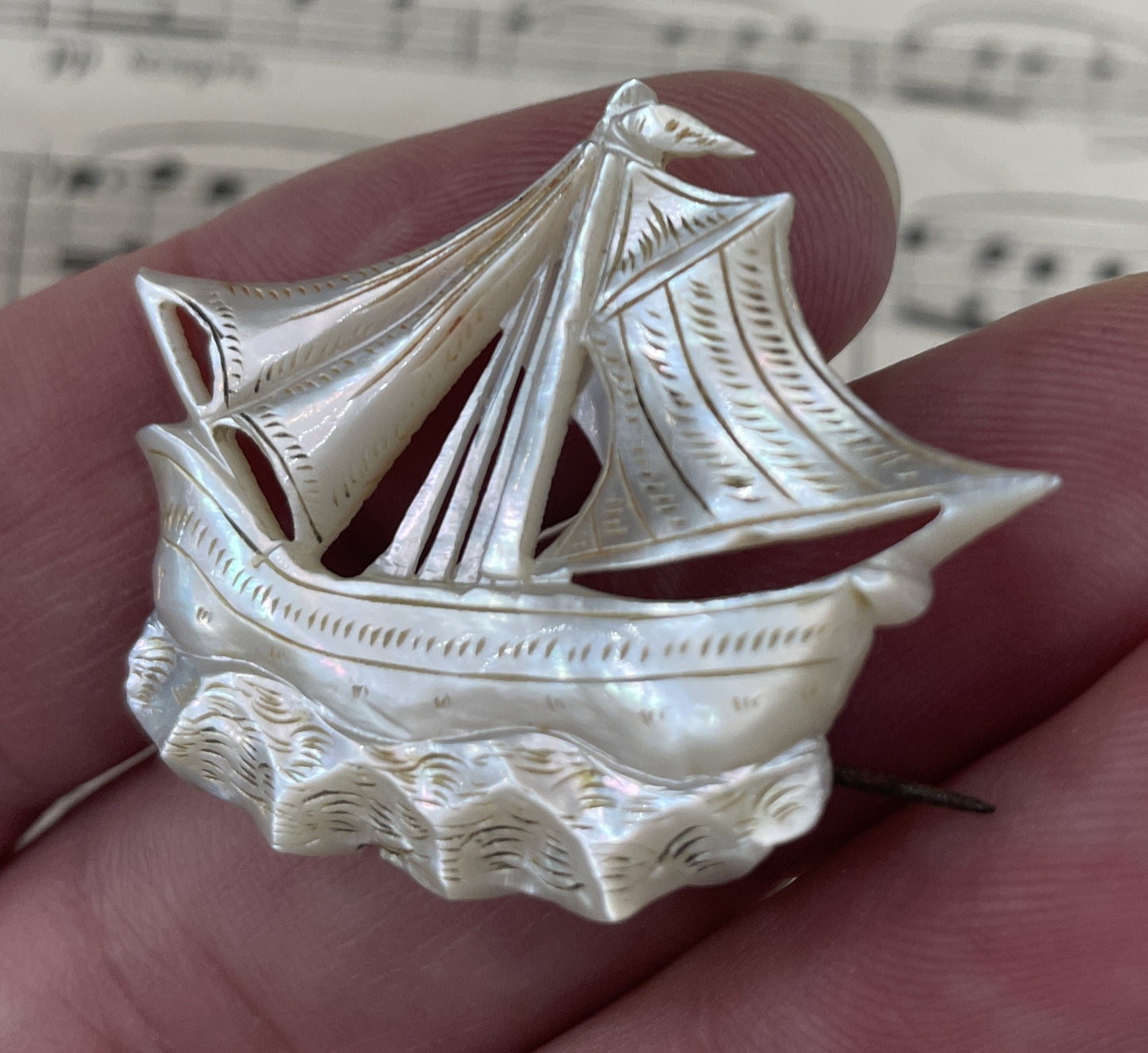 Rare Antique French Mother of Pearl Boat Brooch c1900
