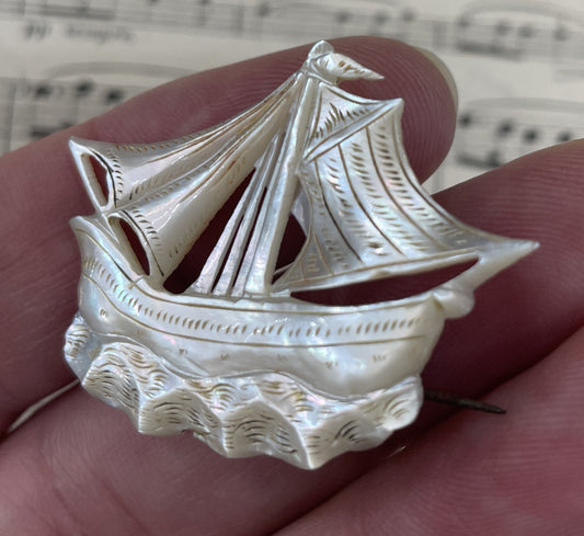 Rare Antique French Mother of Pearl Boat Brooch c1900