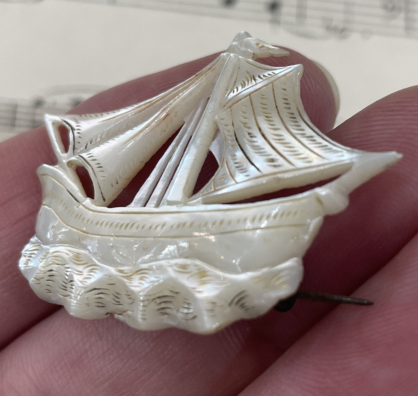Rare Antique French Mother of Pearl Boat Brooch c1900