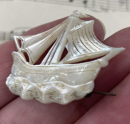 Rare Antique French Mother of Pearl Boat Brooch c1900