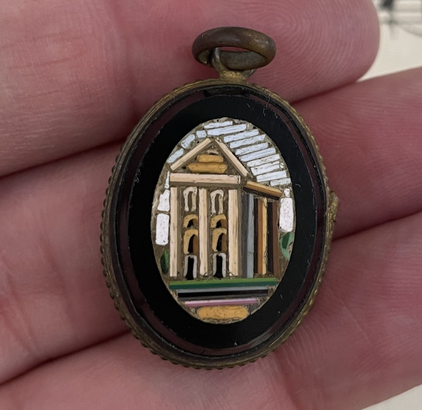 Rare Antique Italian Micromosaic Micro Mosaic Pendant Locket Roman Ruin c1900