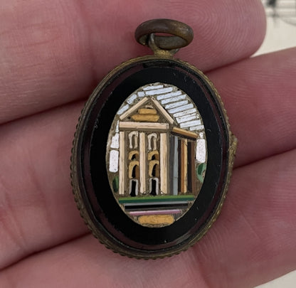 Rare Antique Italian Micromosaic Micro Mosaic Pendant Locket Roman Ruin c1900