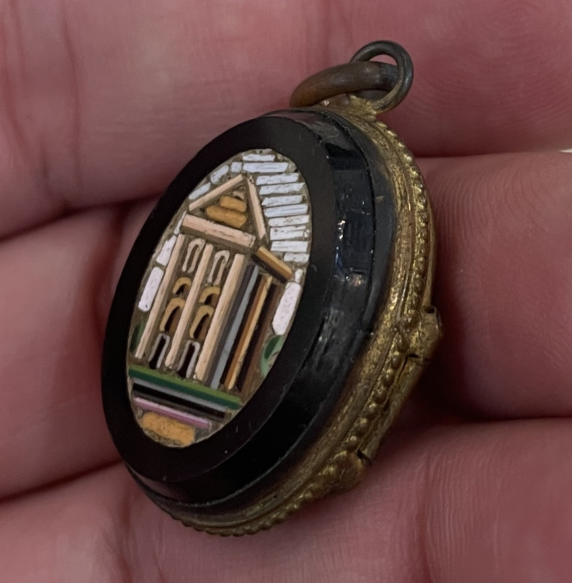 Rare Antique Italian Micromosaic Micro Mosaic Pendant Locket Roman Ruin c1900