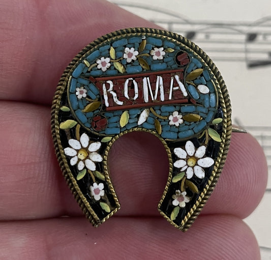 Rare Antique Italian Micro Mosaic Micromosaic Brooch Flowers Millefiori Horseshoe Roma c1900