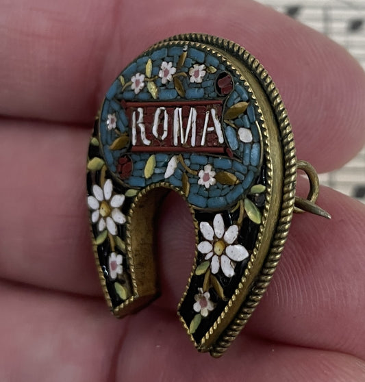 Rare Antique Italian Micro Mosaic Micromosaic Brooch Flowers Millefiori Horseshoe Roma c1900