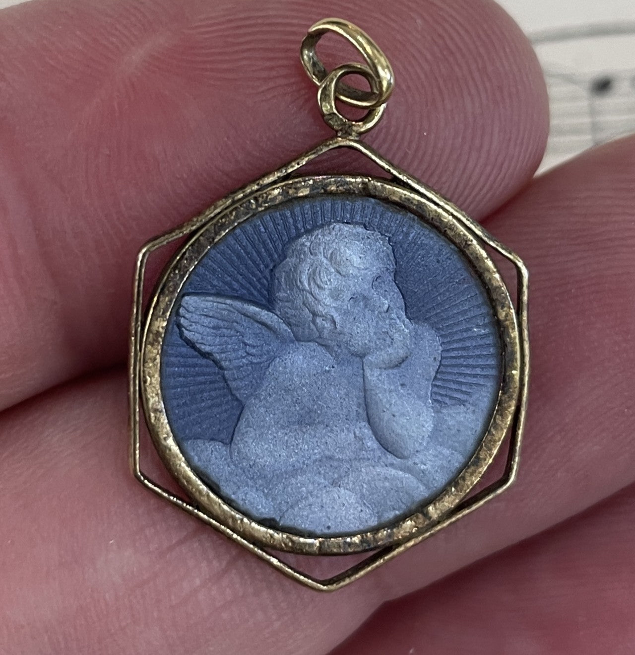 Rare Antique French Guilloche Enamel Angel Medal c1920