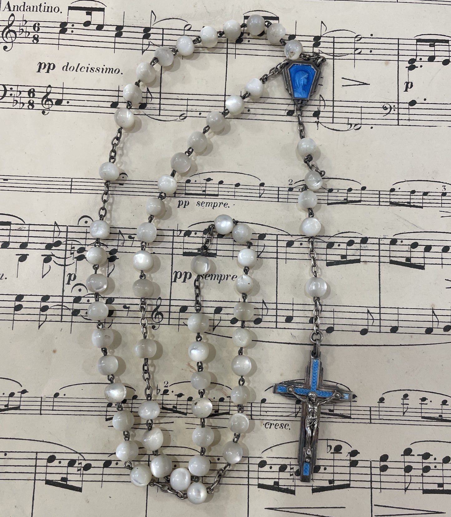 Rare Antique French Mother of Pearl Sterling Silver Lourdes Rosary c1920
