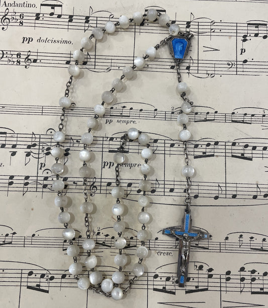 Rare Antique French Mother of Pearl Sterling Silver Lourdes Rosary c1920