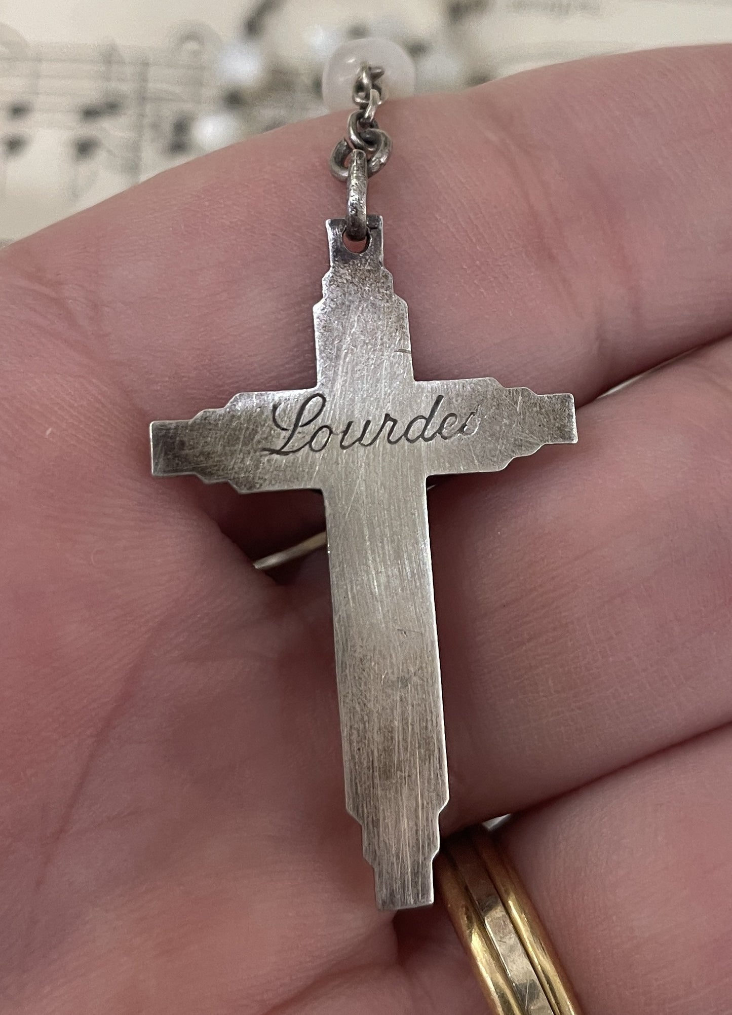 Rare Antique French Mother of Pearl Sterling Silver Lourdes Rosary c1920
