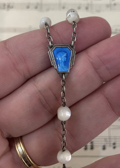 Rare Antique French Mother of Pearl Sterling Silver Lourdes Rosary c1920