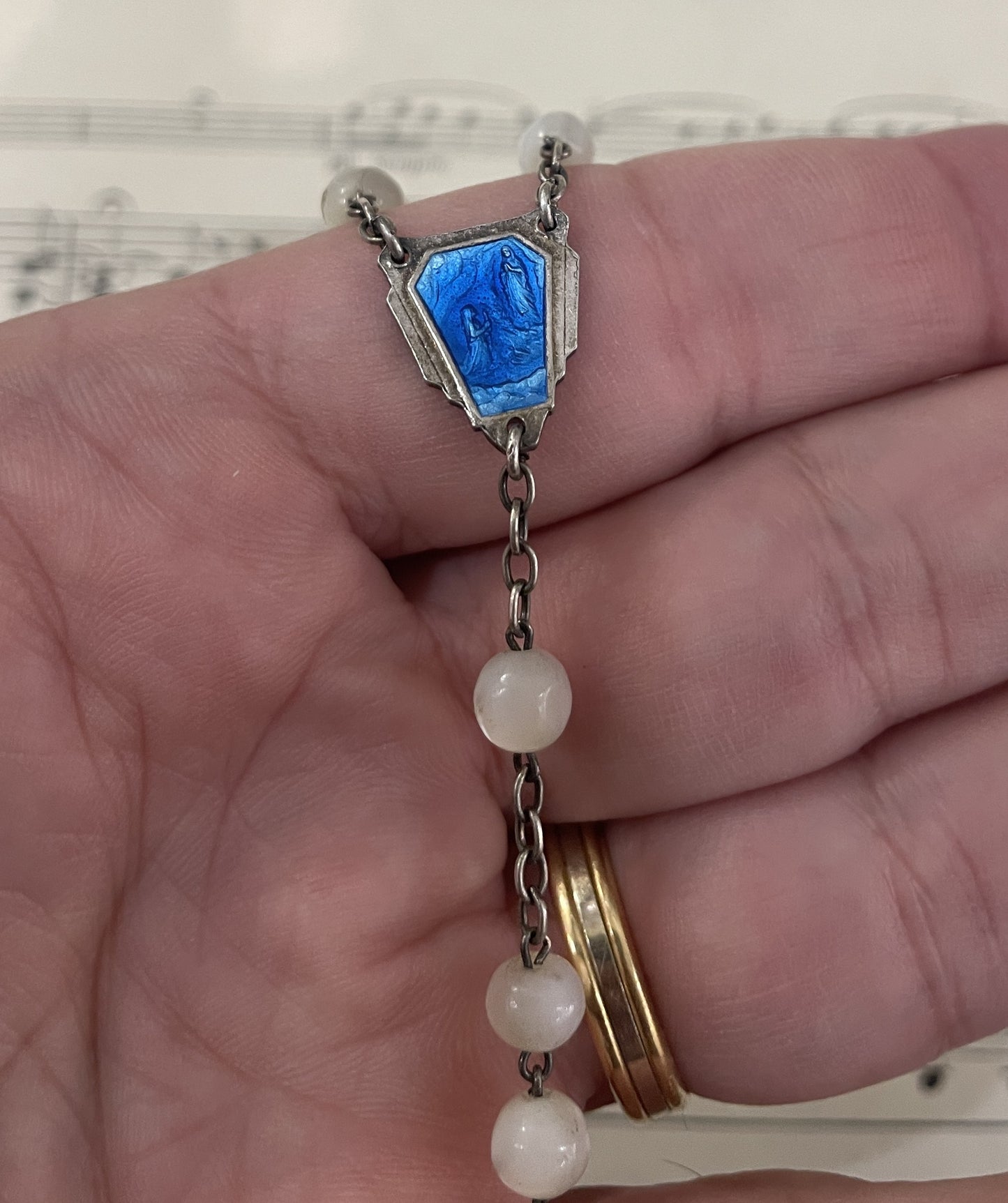 Rare Antique French Mother of Pearl Sterling Silver Lourdes Rosary c1920