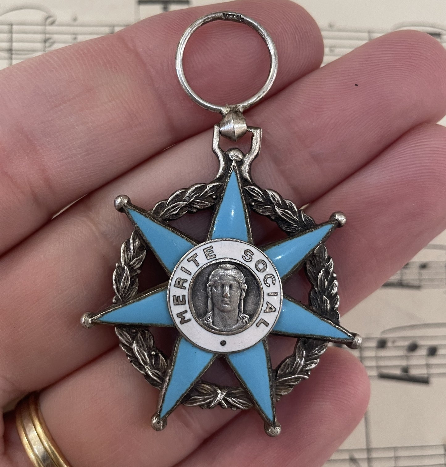 Antique French Enameled Medal Pendant Merite Social c1920