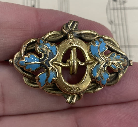 Rare Antique French Art Nouveau 10k Gold Enameled Brooch Flower c1900