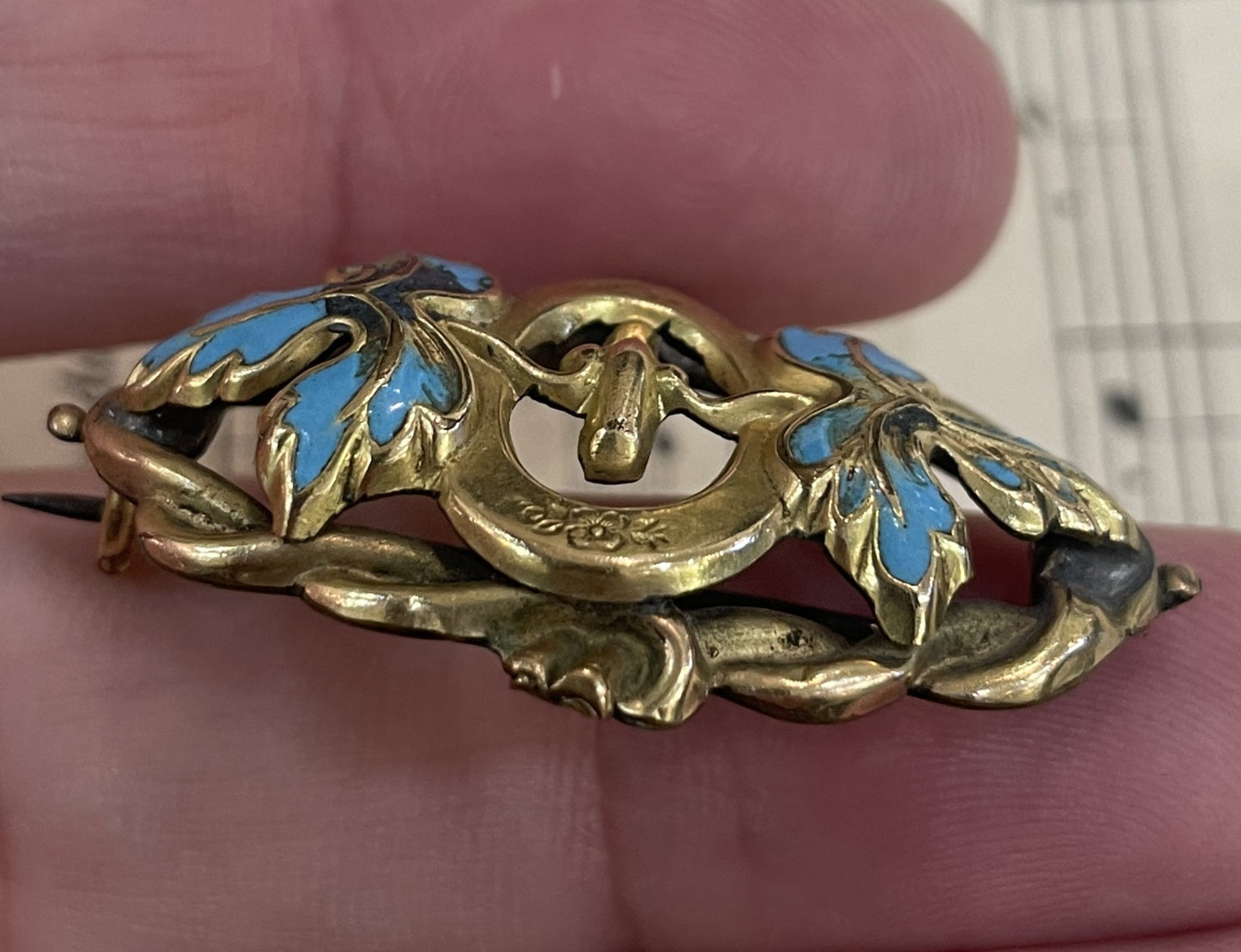 Rare Antique French Art Nouveau 10k Gold Enameled Brooch Flower c1900