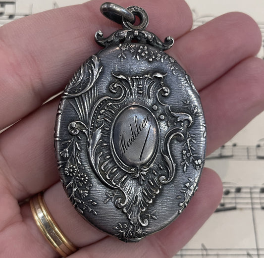 Rare Antique French Art Nouveau Sterling Silver Flower Sliding Mirror Pendant c1900