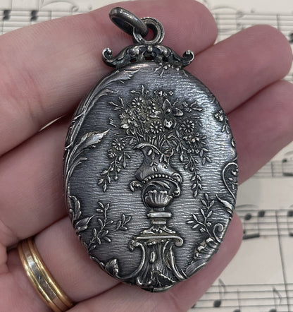 Rare Antique French Art Nouveau Sterling Silver Flower Sliding Mirror Pendant c1900