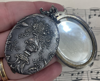Rare Antique French Art Nouveau Sterling Silver Flower Sliding Mirror Pendant c1900