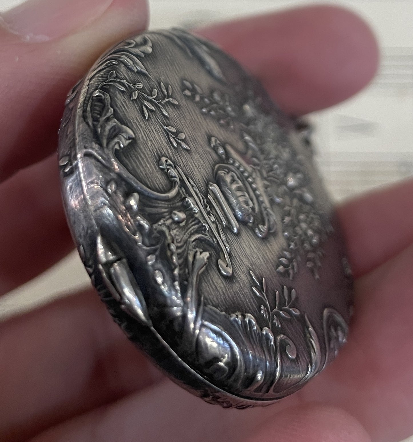 Rare Antique French Art Nouveau Sterling Silver Flower Sliding Mirror Pendant c1900