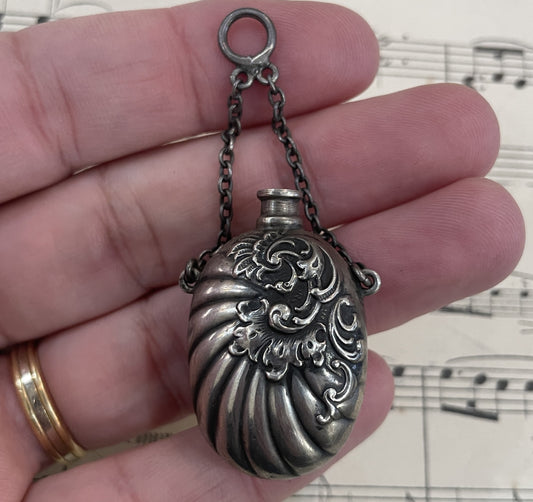 Rare Antique French Art Nouveau Silver 800 Smelling Salts Perfume Bottle Pendant c1900
