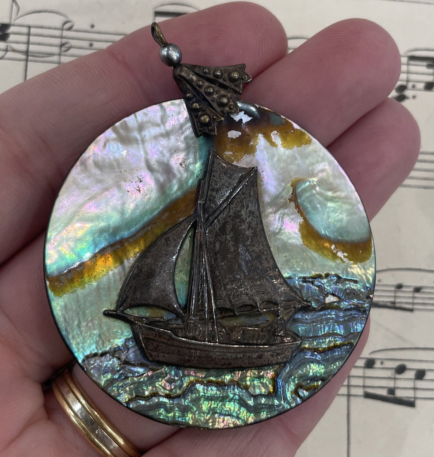Large Antique French Art Nouveau Abalone Pendant Boat c1920