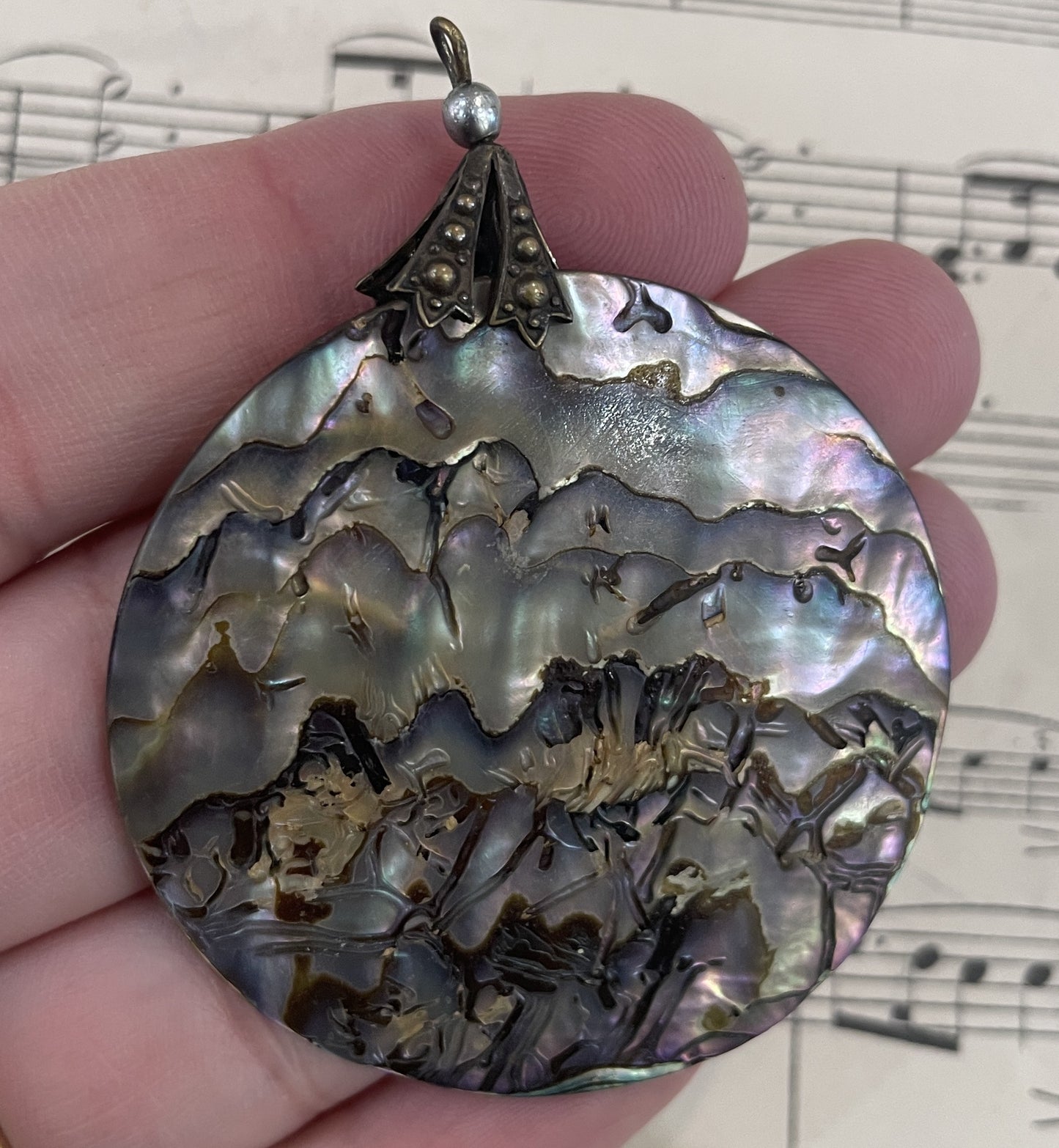 Large Antique French Art Nouveau Abalone Pendant Boat c1920