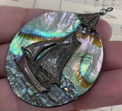 Large Antique French Art Nouveau Abalone Pendant Boat c1920
