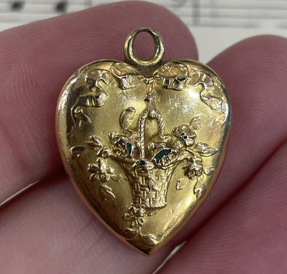 Antique Art Nouveau French Gold Plated Pendant Heart Basket c1920