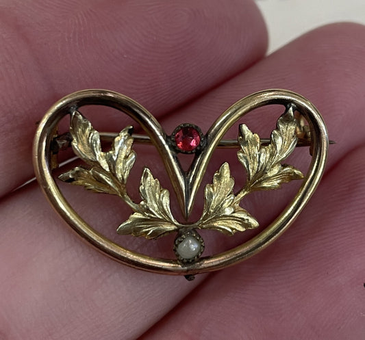Antique French Art Nouveau Gold-filled Brooch Leaves c1900