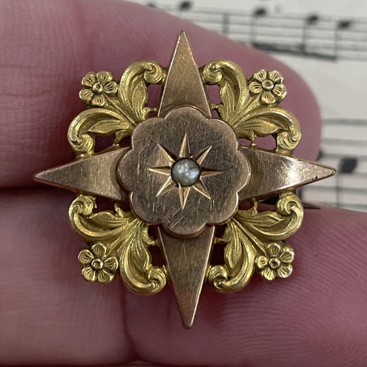 Antique French Art Nouveau Gold-filled Brooch Star Pearl c1900