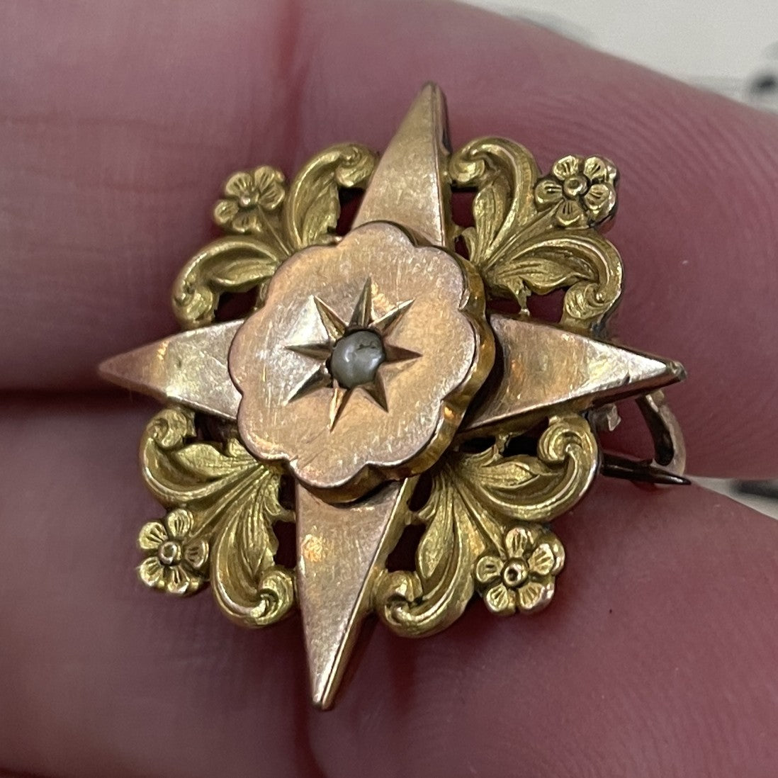 Antique French Art Nouveau Gold-filled Brooch Star Pearl c1900