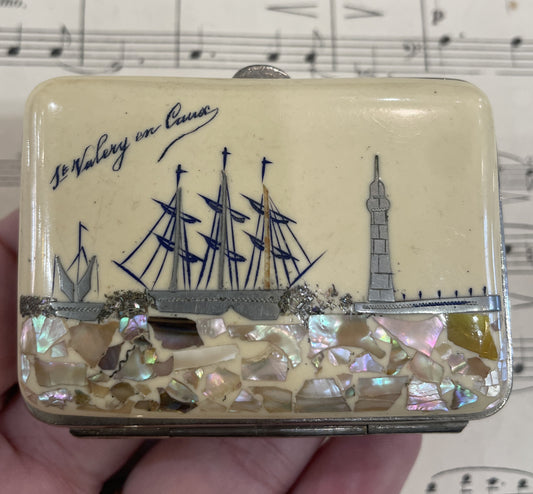 Rare Antique French Mother of Pearl Shell Wallet Coin Holder Boat c1920