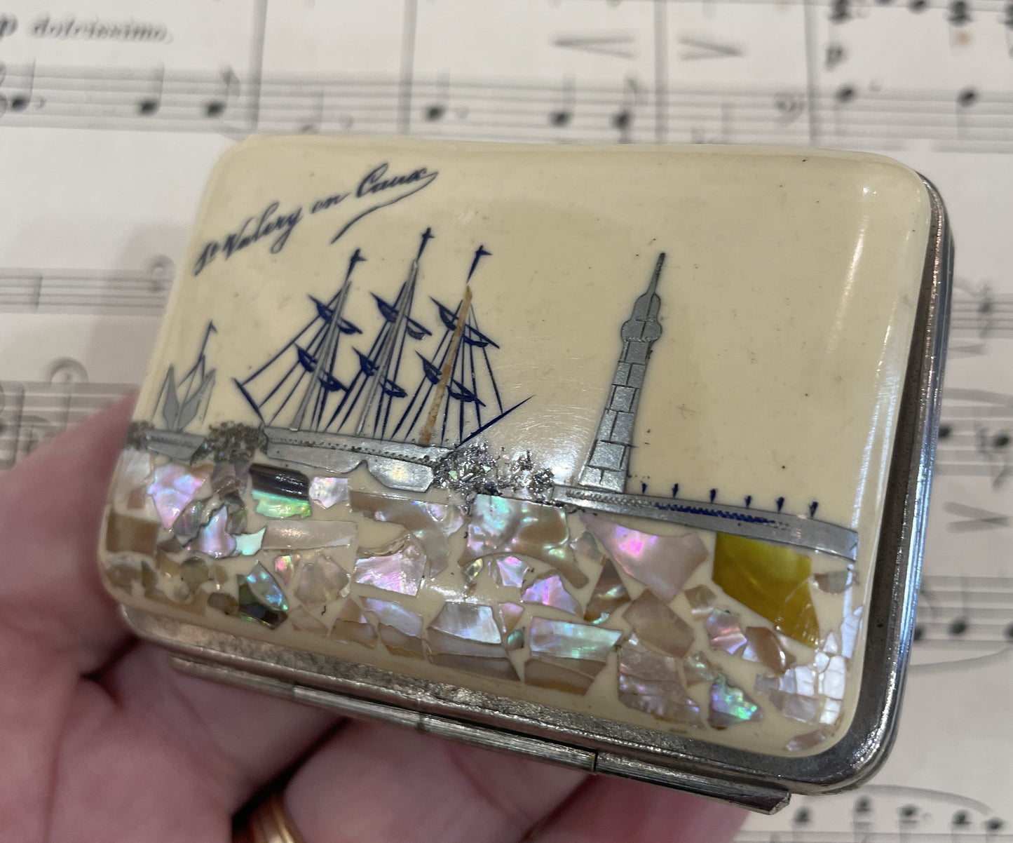 Rare Antique French Mother of Pearl Shell Wallet Coin Holder Boat c1920
