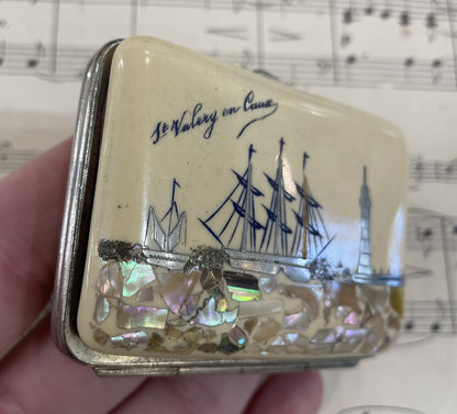 Rare Antique French Mother of Pearl Shell Wallet Coin Holder Boat c1920